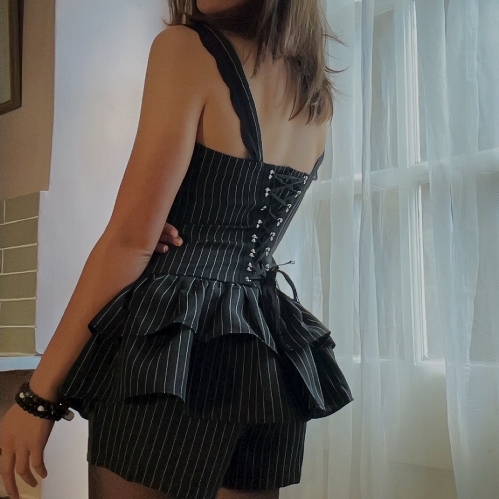 Black Pinstripe Corset romper with Ruffles